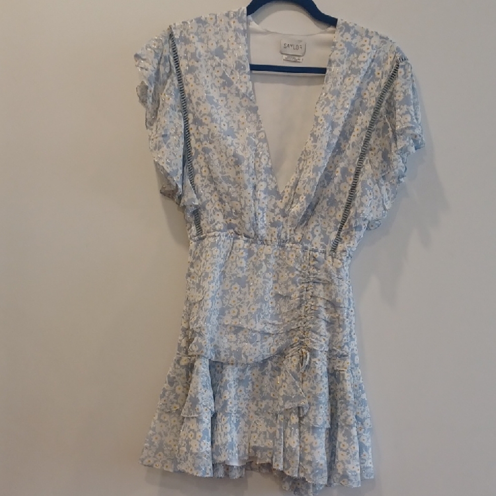 SAYLOR Powder Blue & White Floral V-Neck Ruffle Mini Dress